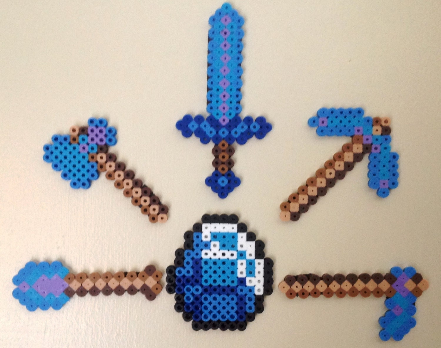 Set of 6 Minecraft Diamond Tool Perler Bead Magnets