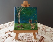 Cat and fireflies, Original painting on canvas, Mini art