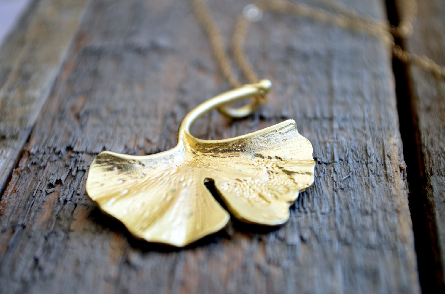 Asian Matte Gold Gingko Leaf  Delicate 14K Gold Filled Necklace Pendant Handmade Jewelry