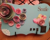 Smile Wood Plaque with Paper Flower and Metal Accents