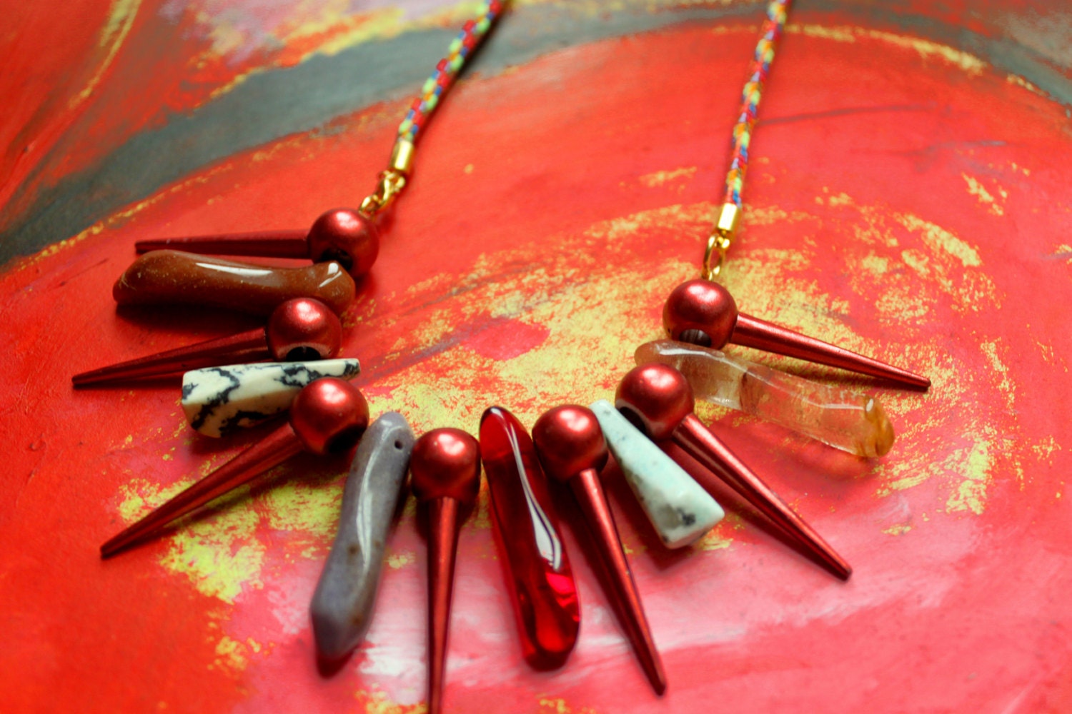 Stone bullet necklace, natural stone spikes, tribal red, neon rope necklace, kitsch, boho chic, retro, long necklace OOAK jewelry