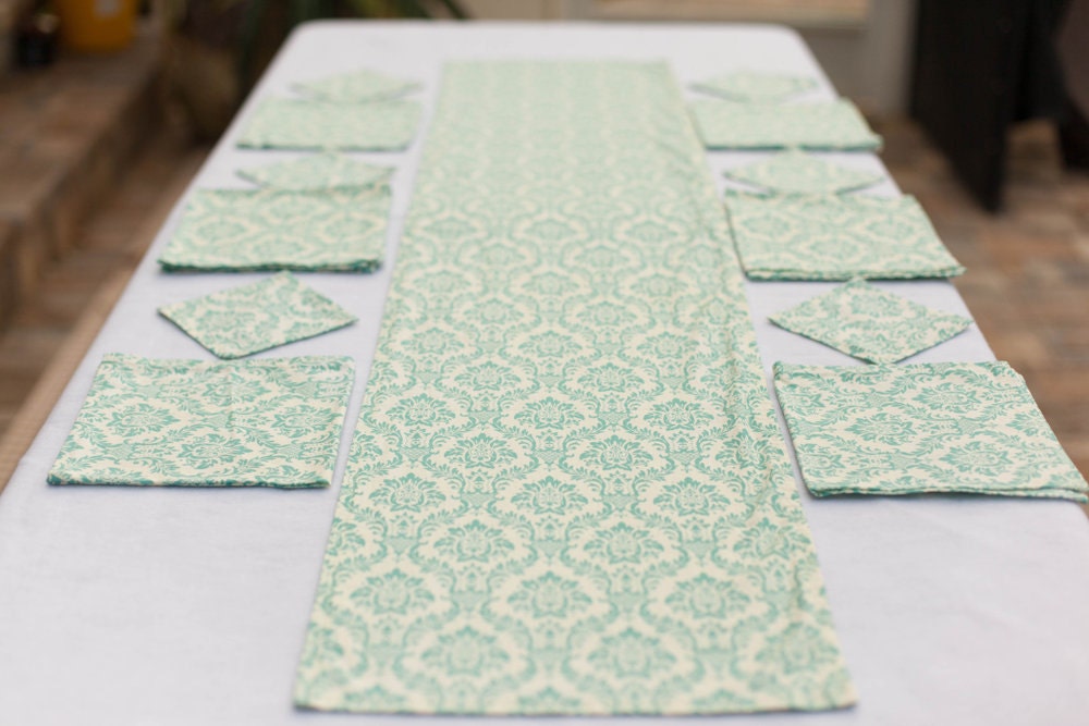 Aqua on Ivory Damask Table Set- 1 Runner, 6 Dinner Napkins, 6 Coasters