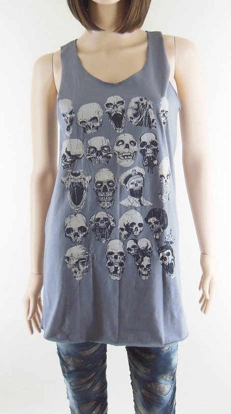 SKULL shirts (size M) zombie shirt skull bone t-shirt gothic shirt skull tank mini dress women shirts tank top tunic top vest gray tank