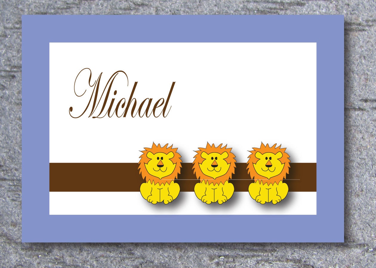 Children Note and Thank you cards - boy lion personalized blue and brown, blank inside cards.