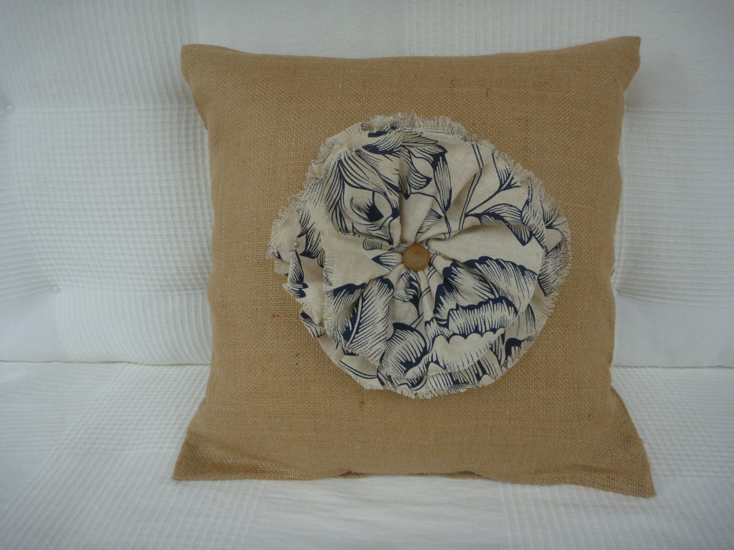 Hessian Flower Cushion Cover/Pillow Cover/Rose/Blue/Beach Shack/Shabby Chic/Decorative Cream Flower/ Rustic/Cottage/Country/Handmade