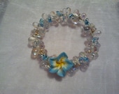Light blue polymer flower Memory Wrapped Bracelet, Crystal glass 6x9mm teardrops, miyuki beads