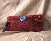 Bags, Purses, Wallets,-Clutch Bag in Mulberry Crochet with Blue Button and Flower