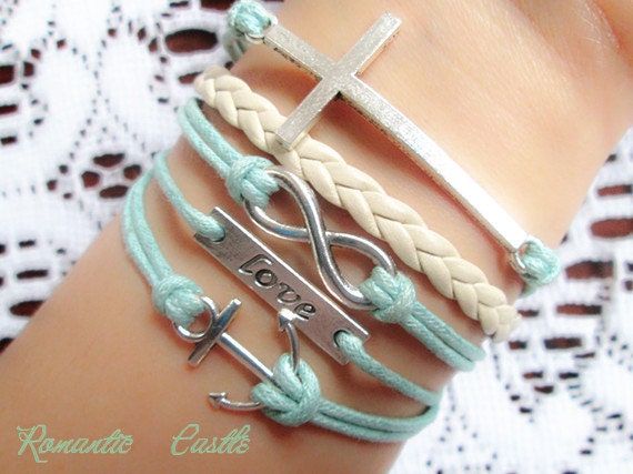 Infinity bracelet,anchor bracelet,mint green,cross bracelet, braid leather bracelet,wonderful gift---B4-001 - RomanticCastle