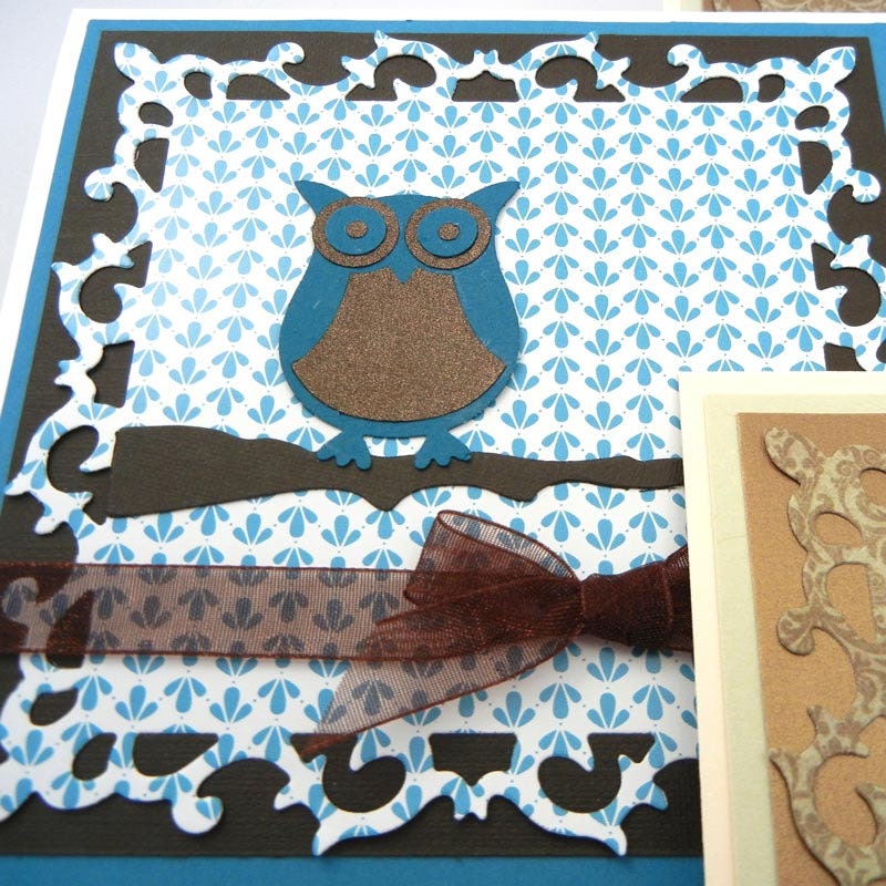 Owl Thank You Cards, Set of 4, Bird Handmade Greeting Cards, Stationery with Shimmer, Metallic Paper Thank You Note