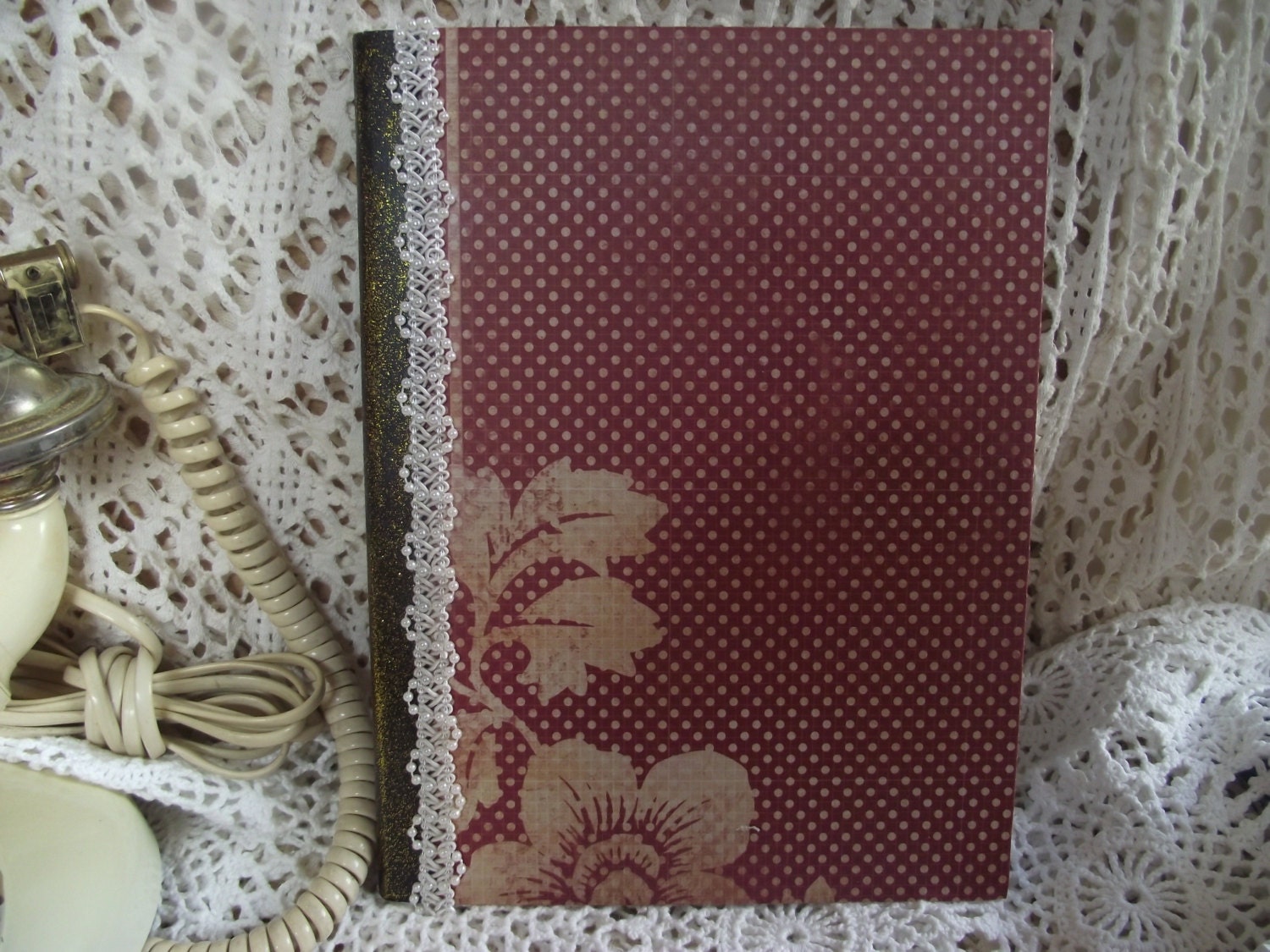 Burgundy  Journal  Handmade  Pearl Lace  Vintage  Design  Lined  Pages