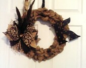 Burlap Wreath with feathers and initial