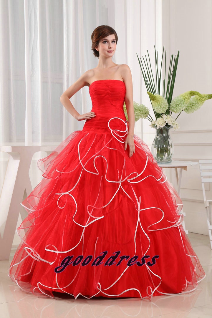 Handmade Custom Red Fluffy Piping Ball Gowns Organza Floor length Formal Long Evening/Prom/Party/Bridesmaid/Homecoming/Cocktail Dress Gown