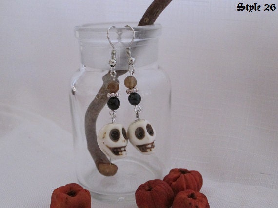 Howlite skull and Botswana Agate, Halloween, Day Of The Dead, Gothic Dangle  Earrings