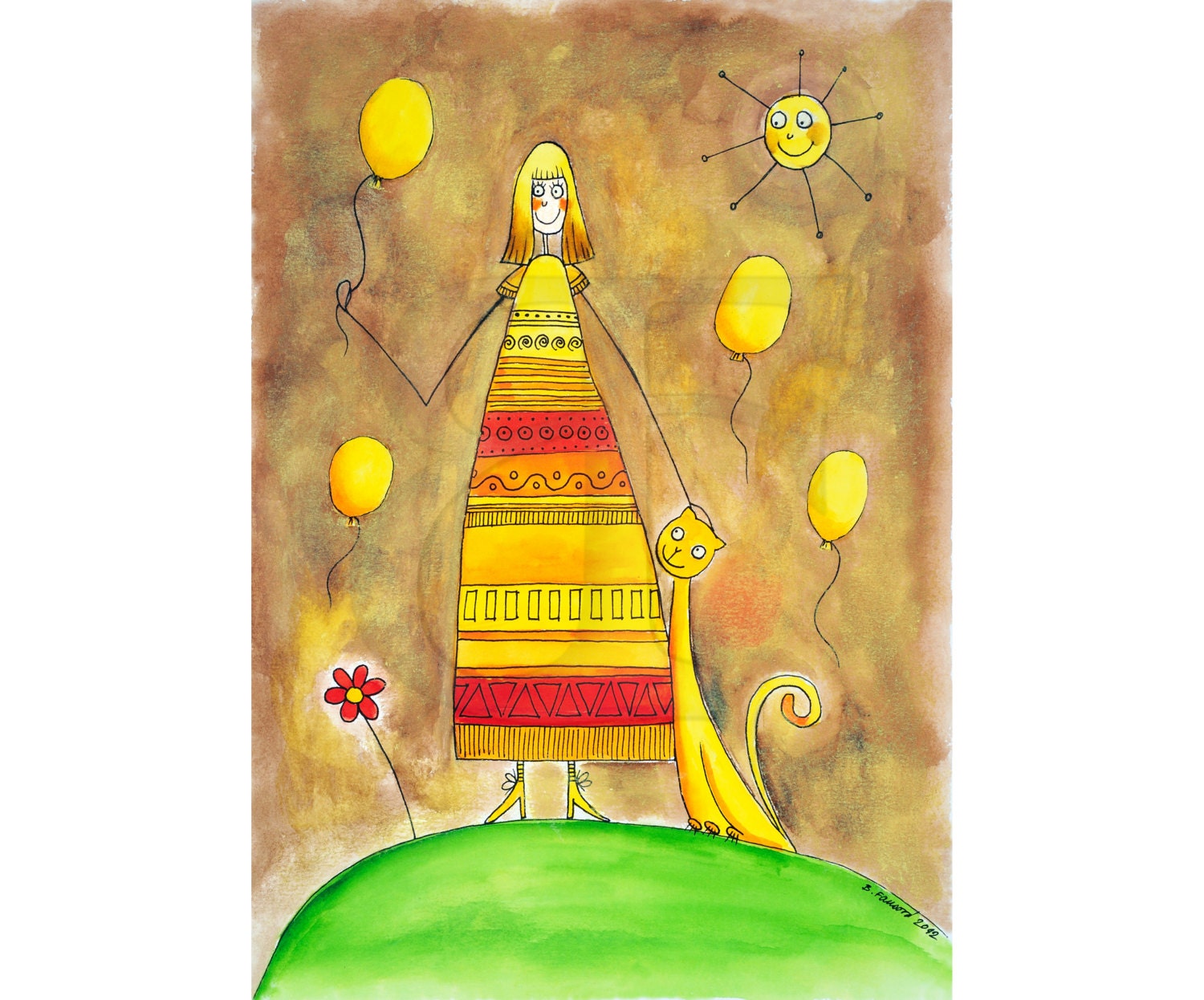 Smiling girl with cat, birthday card, child's drawing, watercolor painting, hand drawn picture, digital file, for download, print, image, A4