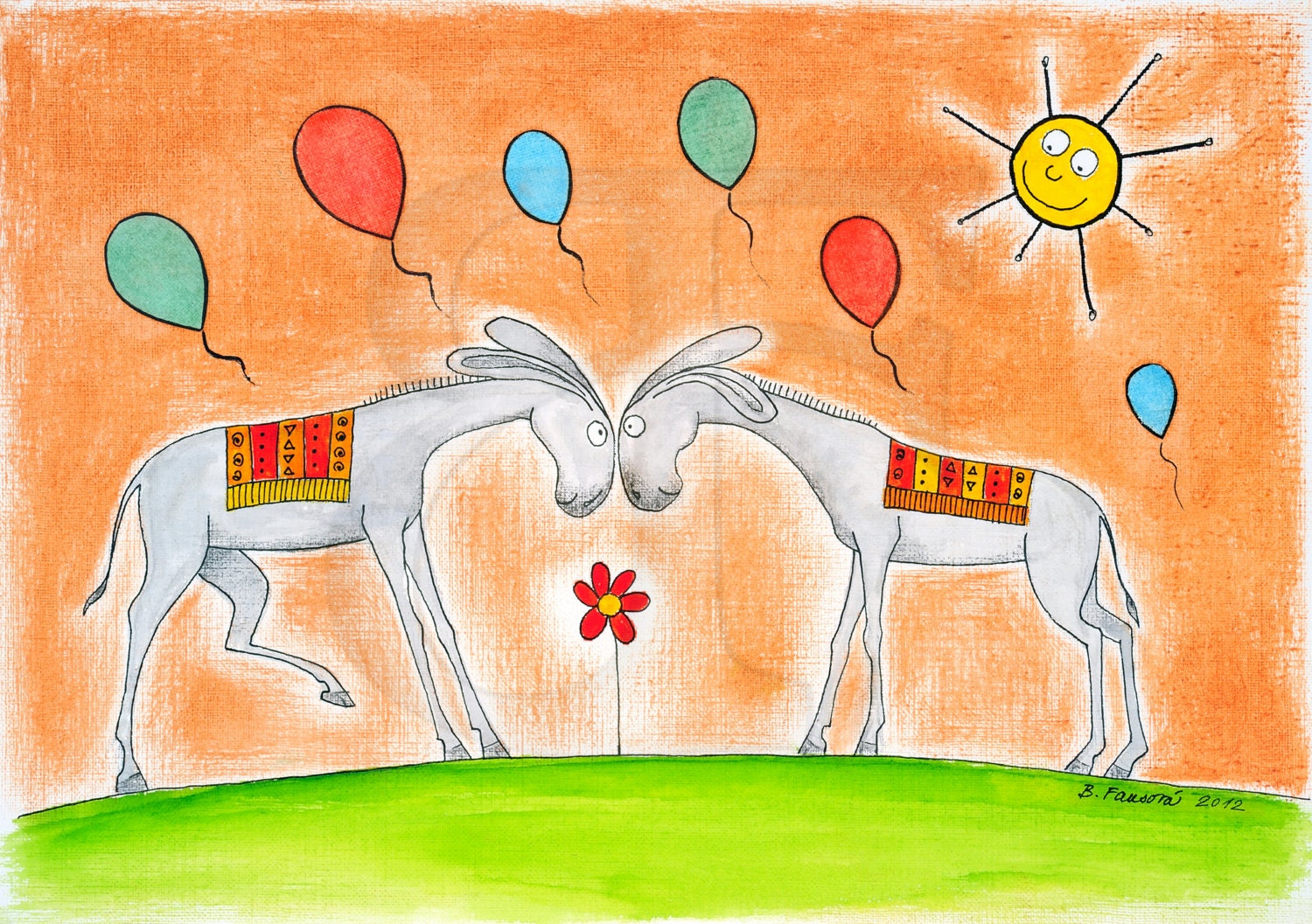 Two happy donkeys with balloons, child's drawing, watercolor painting, hand drawn picture, digital file, for download, print, image, A4