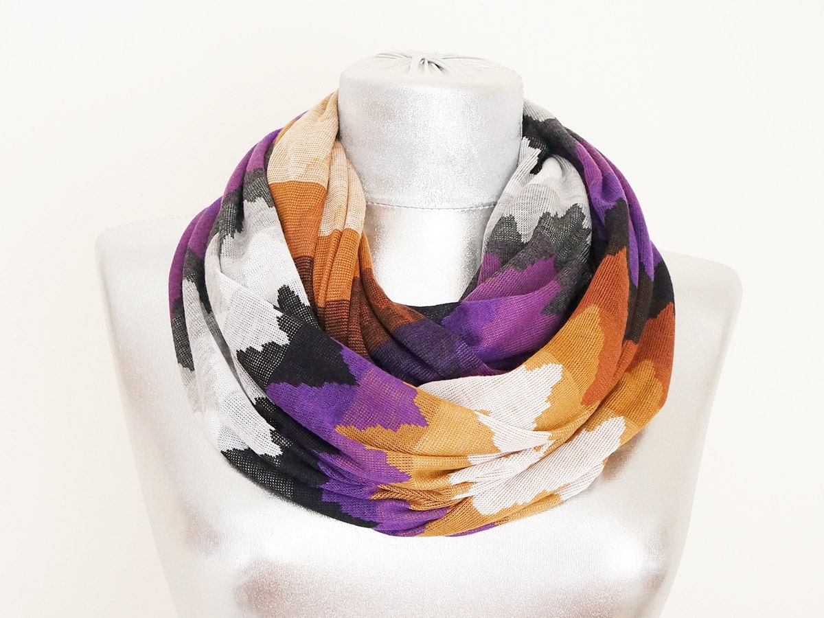 Tribal Infinity Scarf - Summer Scarf - White Purple Mustard Orange Black Cotton Jersey