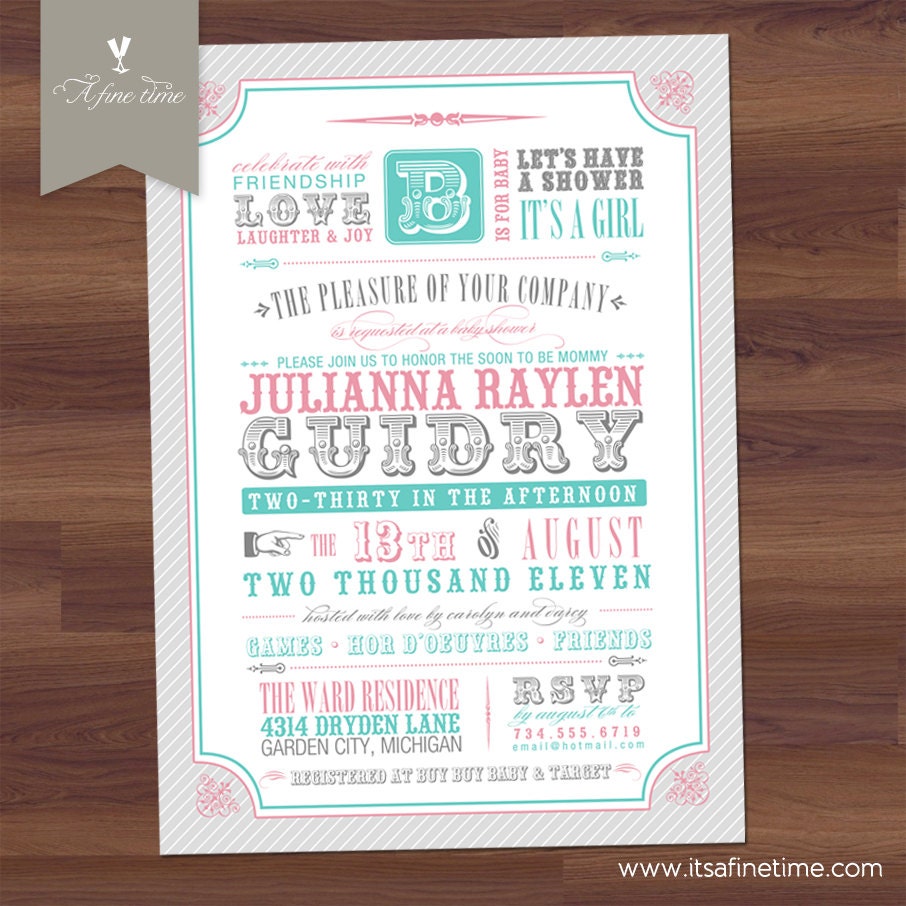 Baby Shower Invitation - Vintage, Poster, Typography - pink, aqua - girl, boy, twins - country, bbq, circus, western, rustic (Printable)