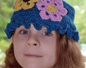 Blue Women's Crochet Hat w/ Ruffled Brim and Summer Flowers