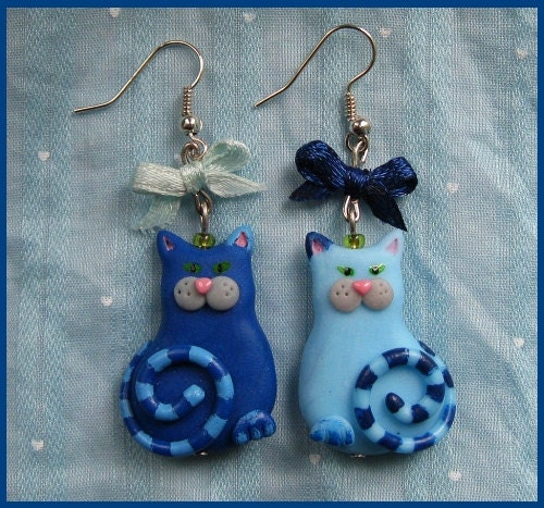 Cute Blue Cats with ribbons - handmade polymer clay earrings