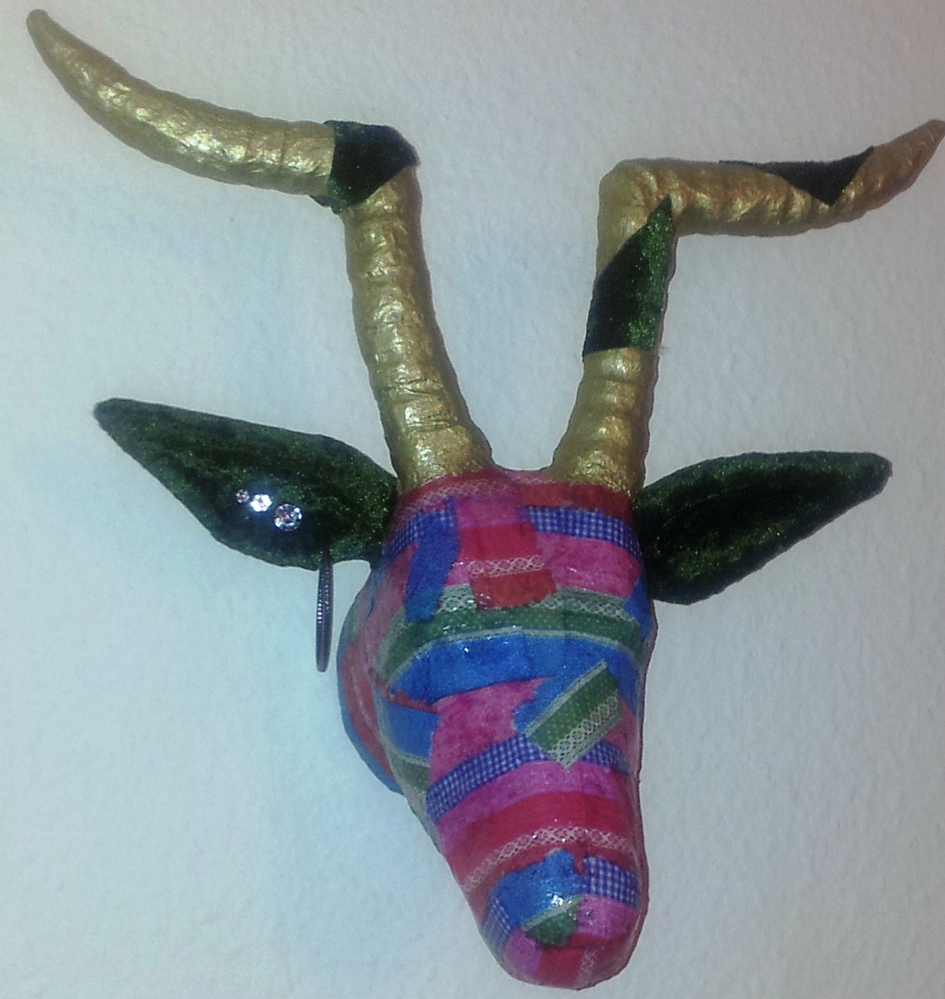 sculpture,deer head trophy, decoupage on paper mache