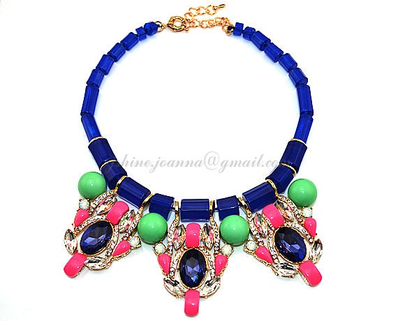 Statement J Crew Inspired Crystal Necklace, Beadwork Necklace,  Bib Gem Resin Necklace, Wedding/Party/Holiday Jewelry (JS-N-0065)