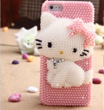 Handmade iphone 5 case, iphone 4S case, iphone 4 case,rhinestone, pearl, crystal,bling,cute,birthday gift,iphone accessories,3d hello kitty