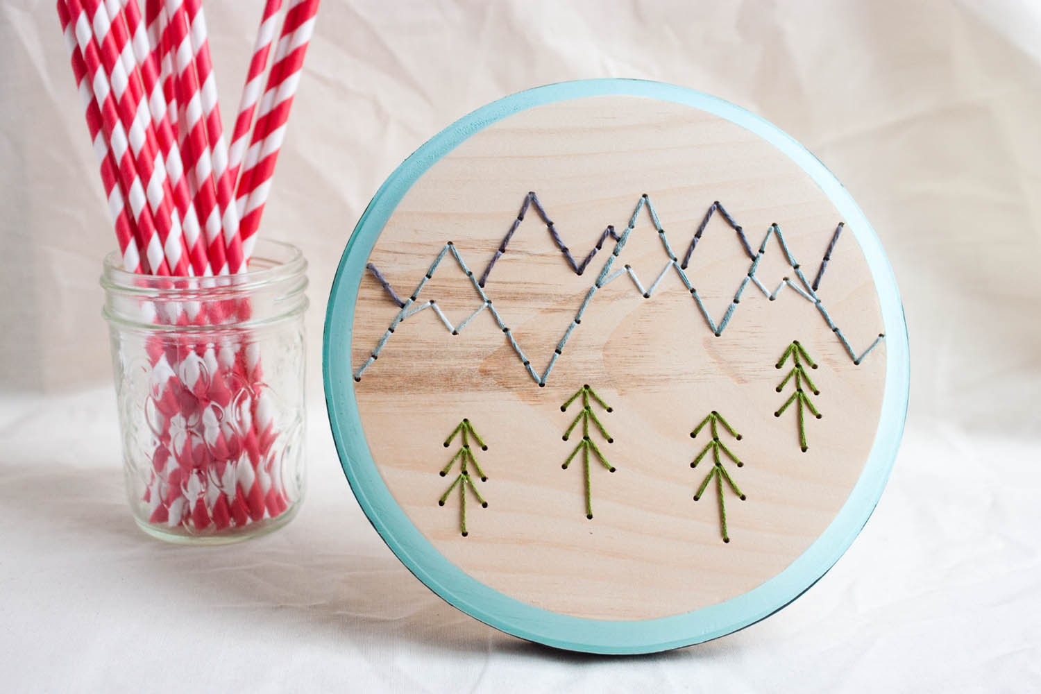 Mountains and Pine Trees - Modern Hand Embroidery on Circle Wood Plaque