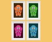 Animal Nursery Art Elephant Blue Pink Orange Green Wall Art Baby's Room Print Set of 4 - 8x10 Wall Art - Kids Room - Home Decor - Playroom