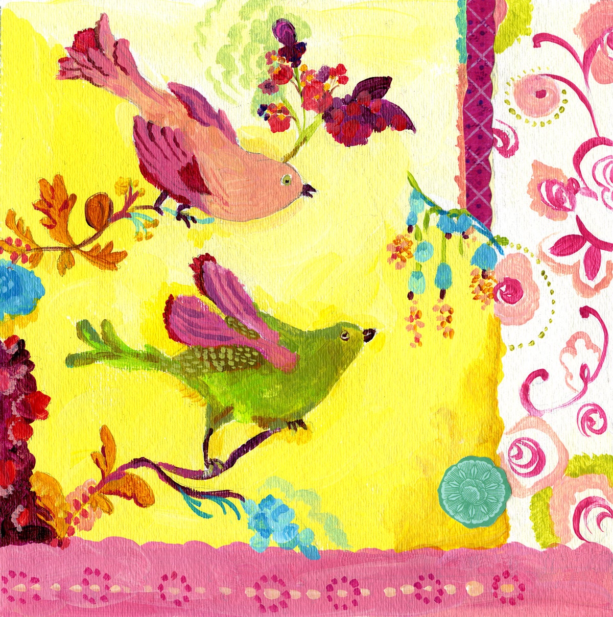 Yellow Berry Birds  8" x 8" Archival Print