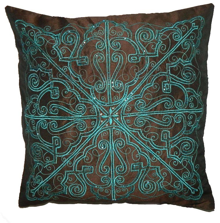 Free Shipping 16x16 Handmade Beaded Embroidered Brown Cushion Cover Indian Decorative Throw Pillow Cover