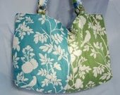 Large quilted beach tote, aqua and green, designer fabric
