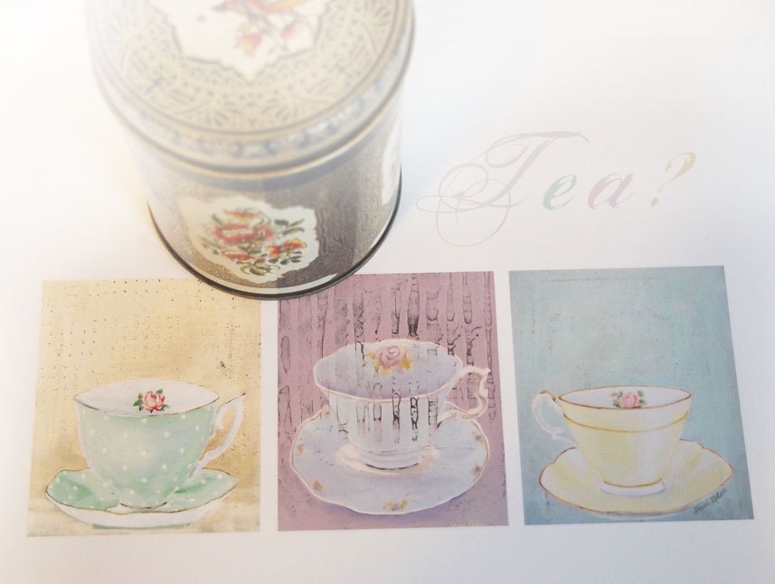 Shabby Chic Decor Wall Art Vintage Teacups Art Print Pastel decor mint green lemon yellow lavender tea cup painting