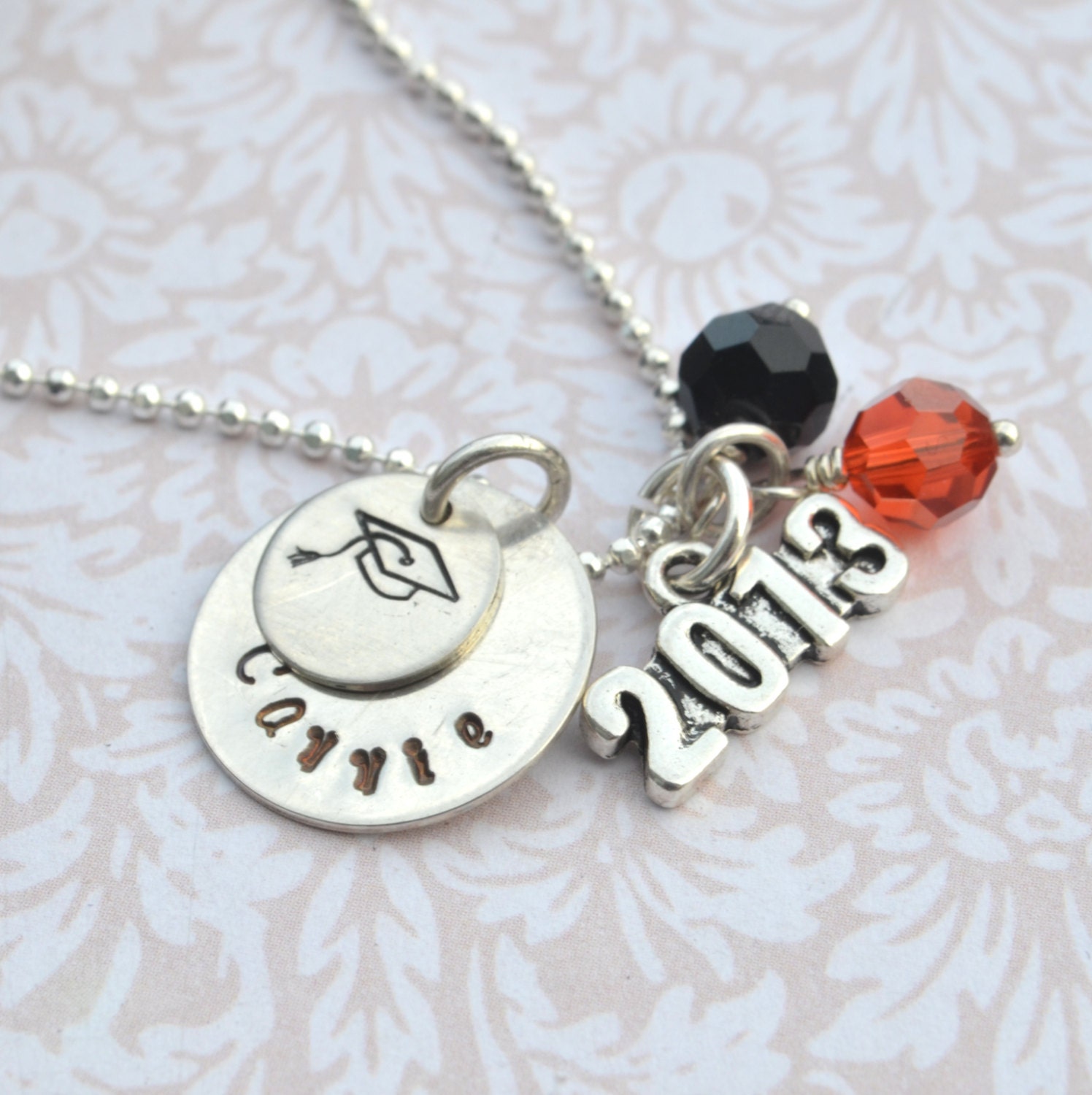 Sterling Silver Petite Graduation Necklace with School Initials and 2013 Charm - Hand Stamped, Personalized,Gift,Graduation,High School