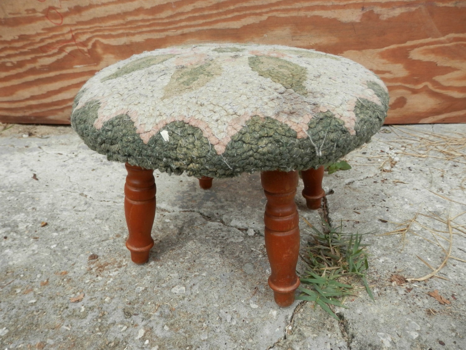 old foot stool floral maybe crewel work or carpet -primitive looking embroidery chair seat wood