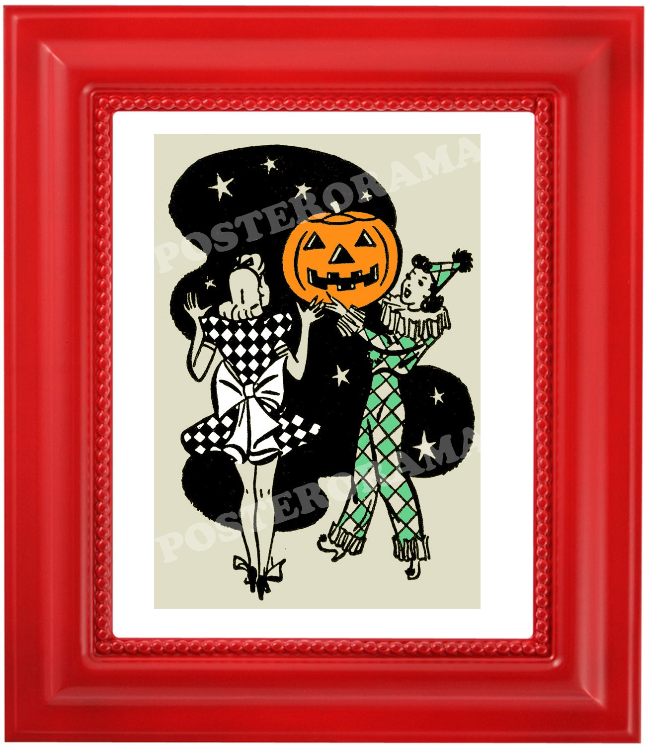 1950s Clip Art HALLOWEEN girls POSTER 11 x 16 large Jack O lantern print