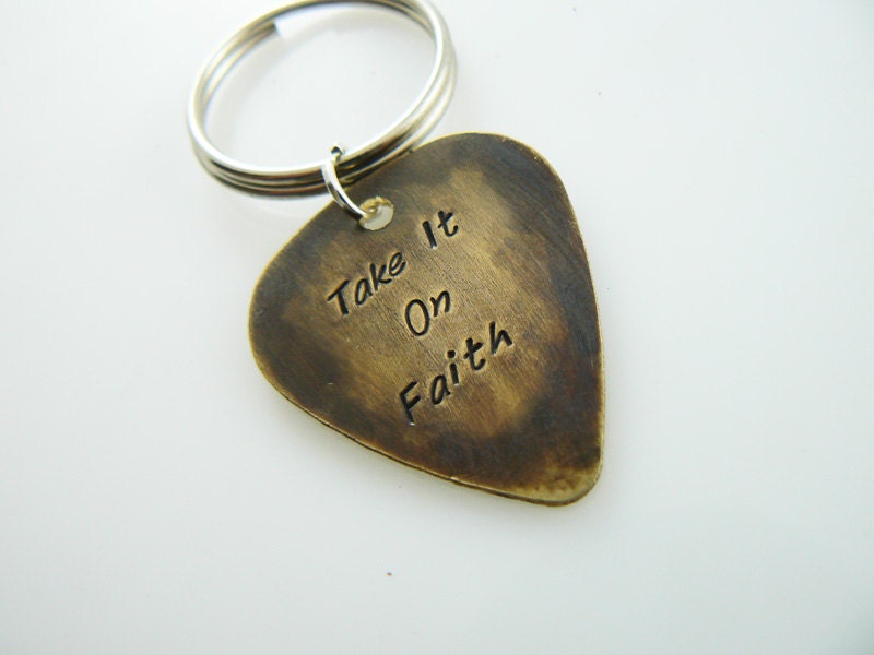 Customize Guitar Pick Keychain, Hand Stamped Key chain boyfriend, husband, friend gift, Custom Key Ring, Personalized BFF, Brass or Aluminum