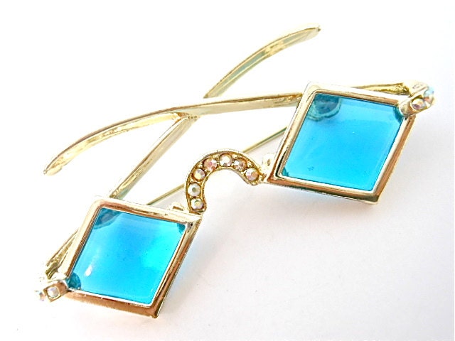 Vintage Holly Craft Signed Blue Lucite Eye Glasses Brooch Pin Aurora Borealis Rhinestone Jewelry - EA293