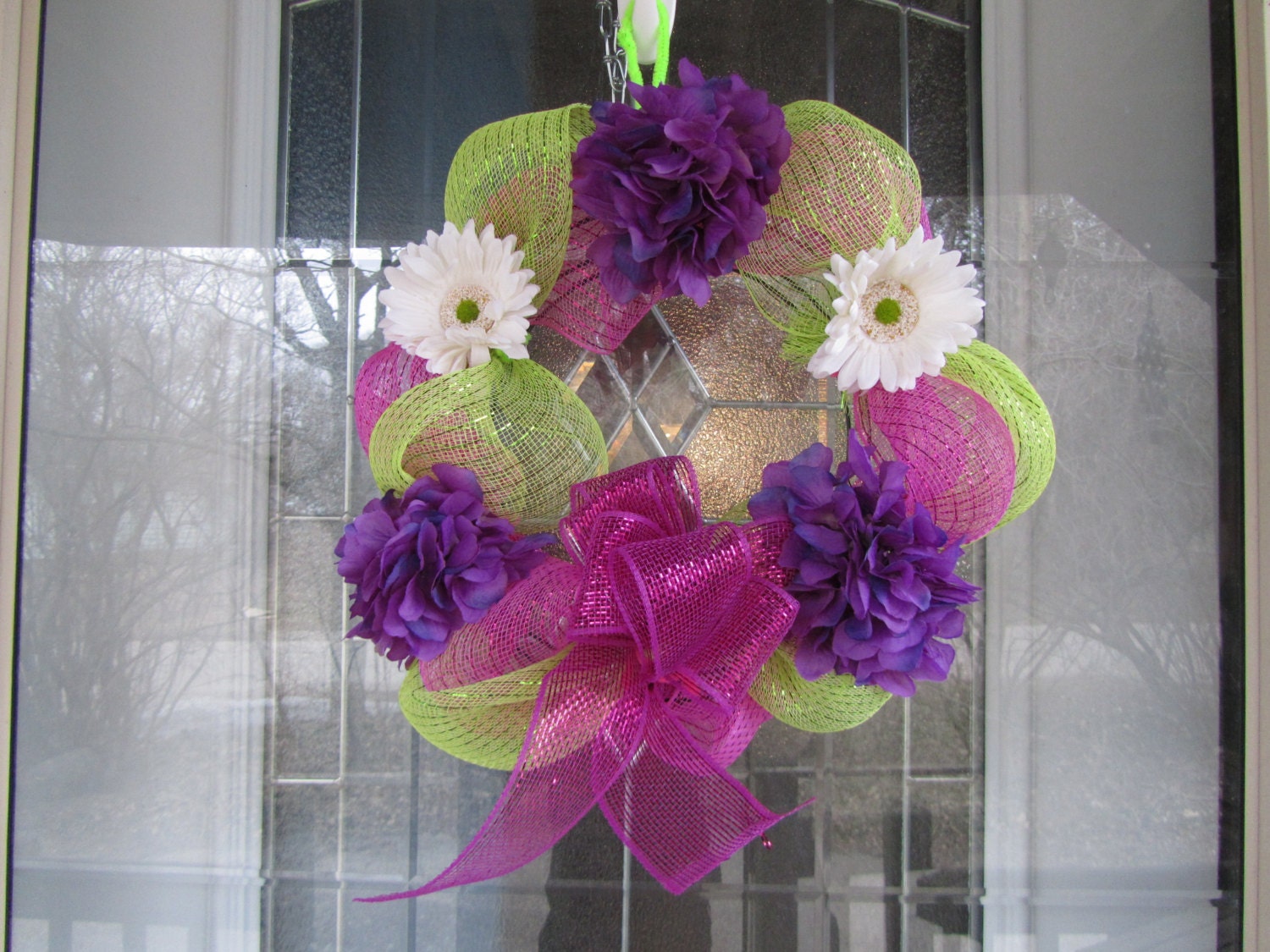 Hot Pink/Lime Green Floral Wreath with white Gerber Daisies & Purple Hydrangea's Mothers Day Summer