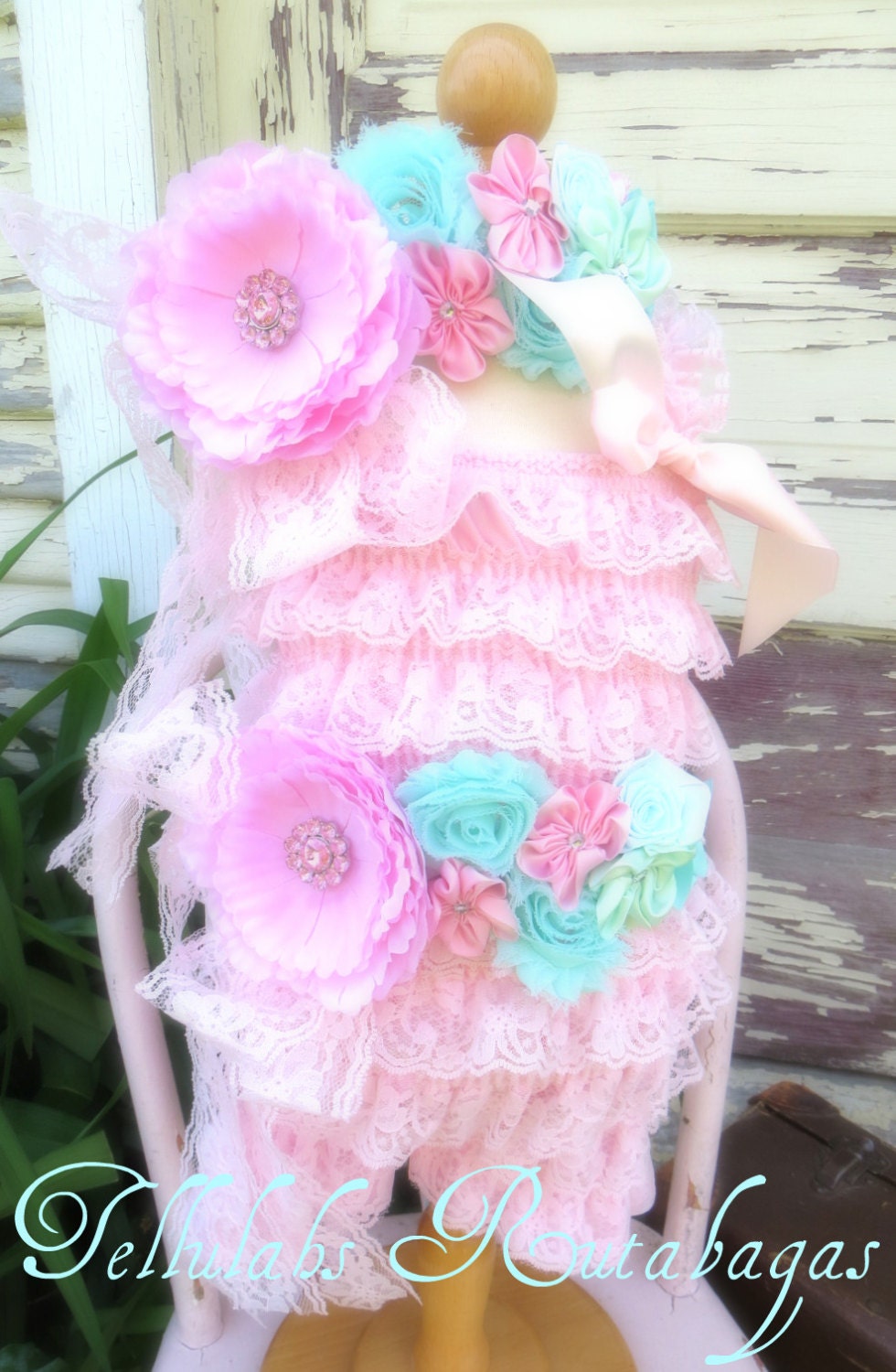 Beautiful Soft Lace Ruffle Romper Set-Belt-Headband-Wedding-Pageant-Tea Party-Pettiromper-Pink and Aqua-sz 9-18 months