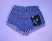 High Waisted Galaxy Cosmic Outer Space Planet Cut off Jean Shorts Frayed Size S/M