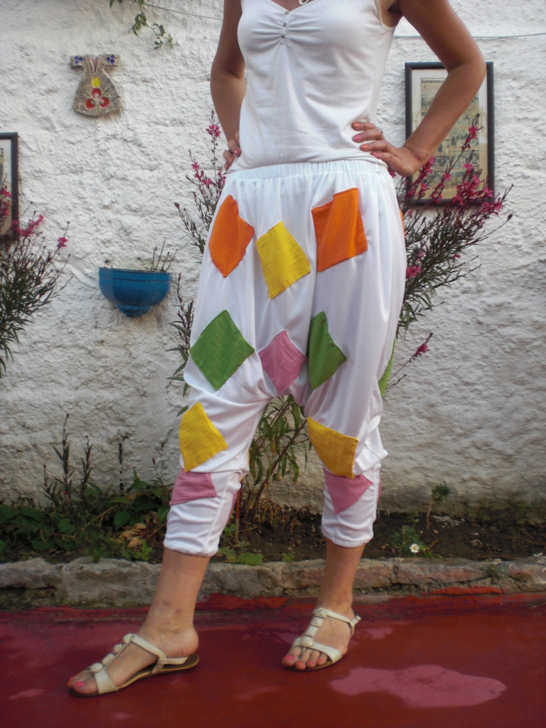 FREE SHIPPING harem pants yoga pants dance pant patch pant womens,Sile cloth color white cotton lycra