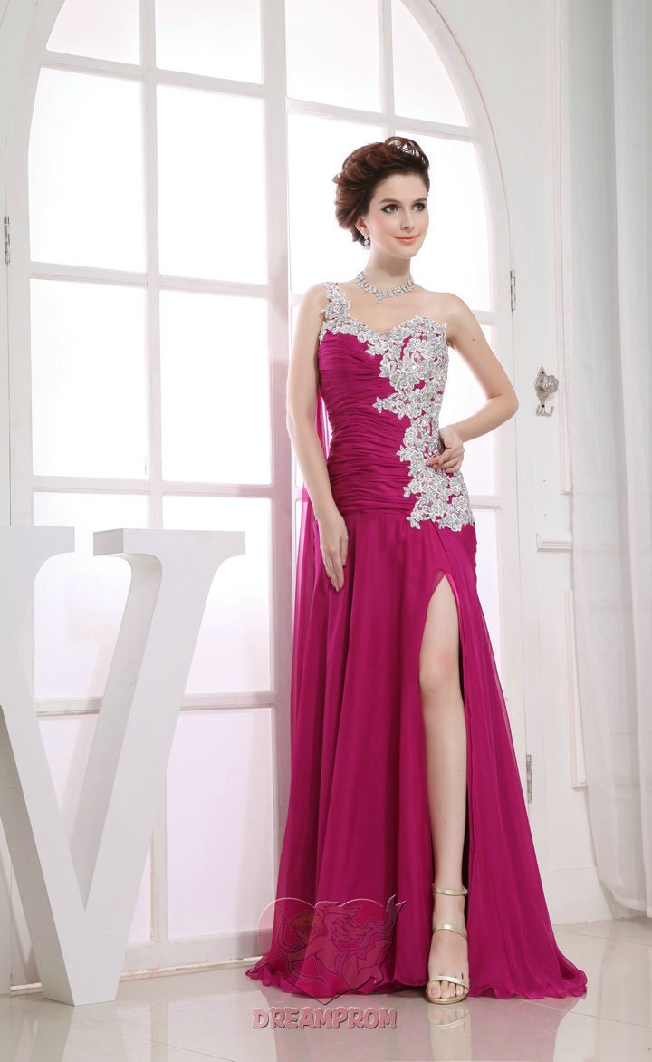Custom Handmade Purple Appliques Crystal Pleated Chiffon Formal Long Prom/Evening/Party/Bridesmaid/Cocktail/Homecoming Dress Gown