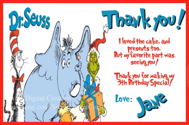 Dr Seuss Birthday Thank You Card, Printable Thank You Cards