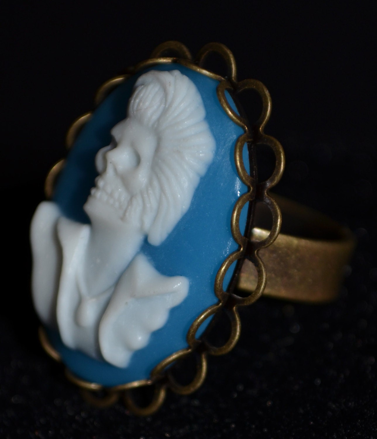 Unique Blue & White Skeleton/Skull Cabochon/Cameo adjustable ring (steampunk, gothic, alternative, indie, vintage, retro)