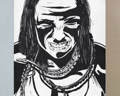 black and white ink drawing. Woman lost at sea