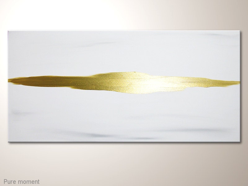 Unique modern art painting: "pure moment" - abstract artwork -contemporary wall decoration - acrylics-white,gold,design, 39.37x19.69