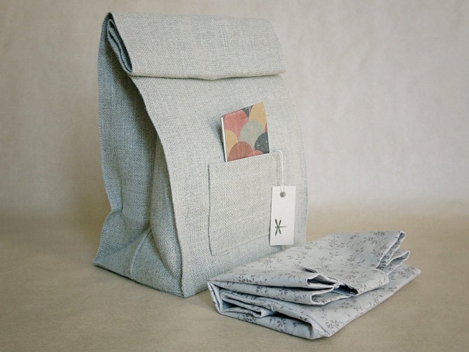 Fathers day gift. Handmade linen Lunch bag set, bento bag like a brown paper bag. Purple tones