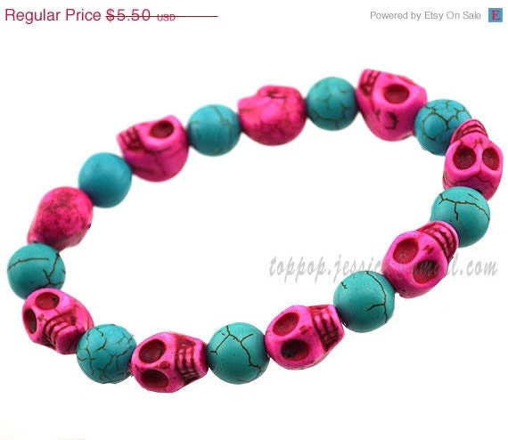 ON SALE Carved Bone Skull Bracelet, Handmade Howlite Skull Bracelet, Pink and Blue Gem Stone Bracelet, Party/Holiday Gift (TP-B-0006H)