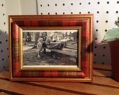 Vintage 1930s Black-and-White Photograph of a Delightful Midwestern Forest Picnic in a Vintage, Red and Gold Frame