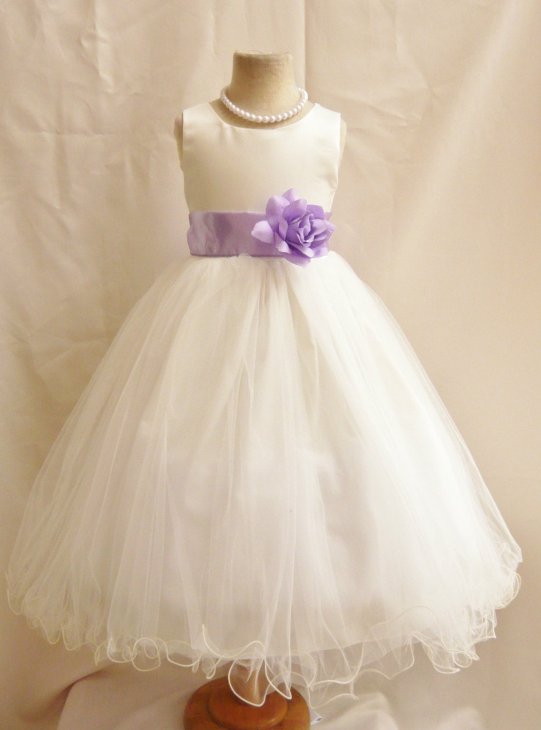 Curly Bottom Dress Ivory with Colorful Sash (Flower Girl Dress)